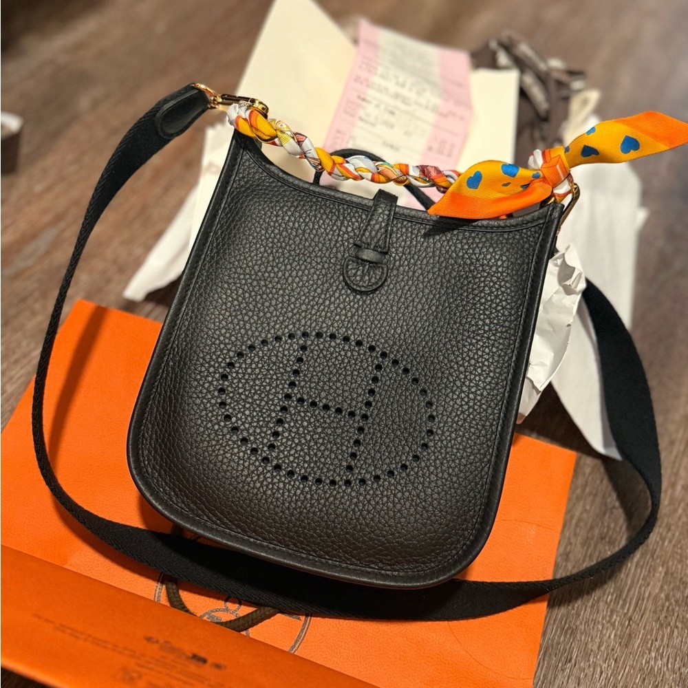 Hermes Black Everlyne Crossbody Bag with Orange Scarf Detail